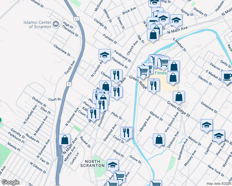 map of restaurants, bars, coffee shops, grocery stores, and more near 1016 Wood Street in Scranton