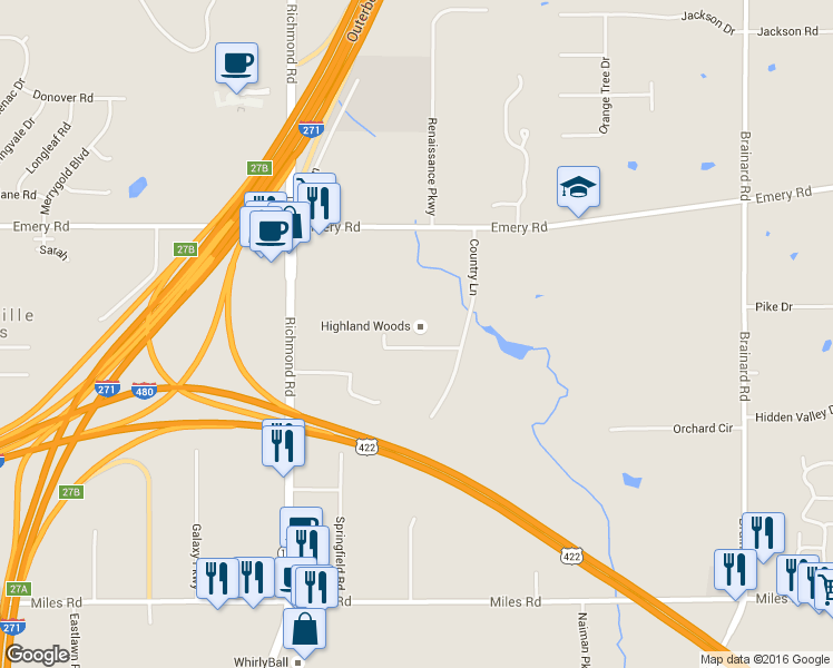 map of restaurants, bars, coffee shops, grocery stores, and more near 26061 Cambridge Lane in Warrensville Heights