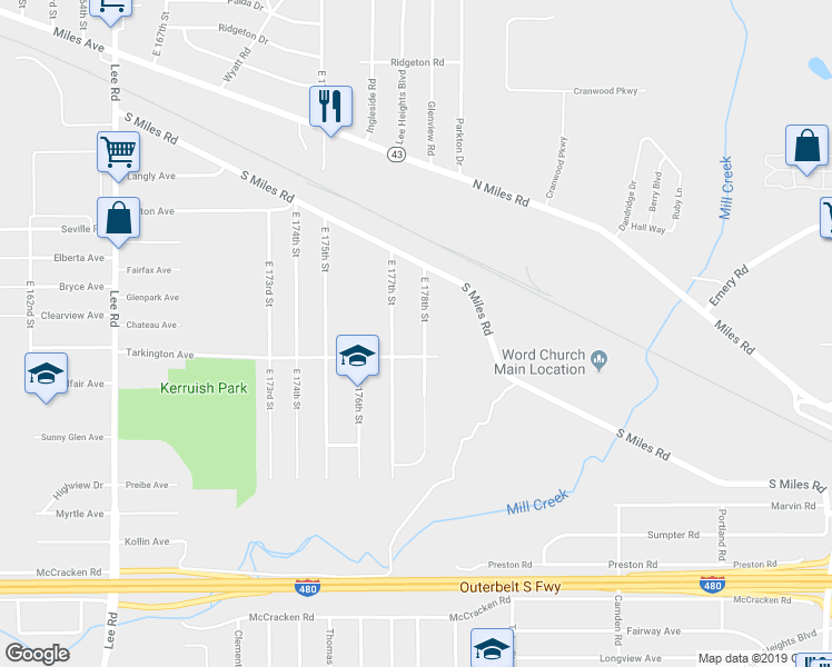 map of restaurants, bars, coffee shops, grocery stores, and more near 17717 Tarkington Avenue in Cleveland