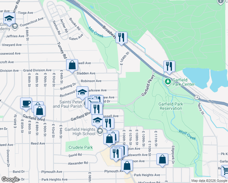 map of restaurants, bars, coffee shops, grocery stores, and more near 10203 Greenview Avenue in Garfield Heights