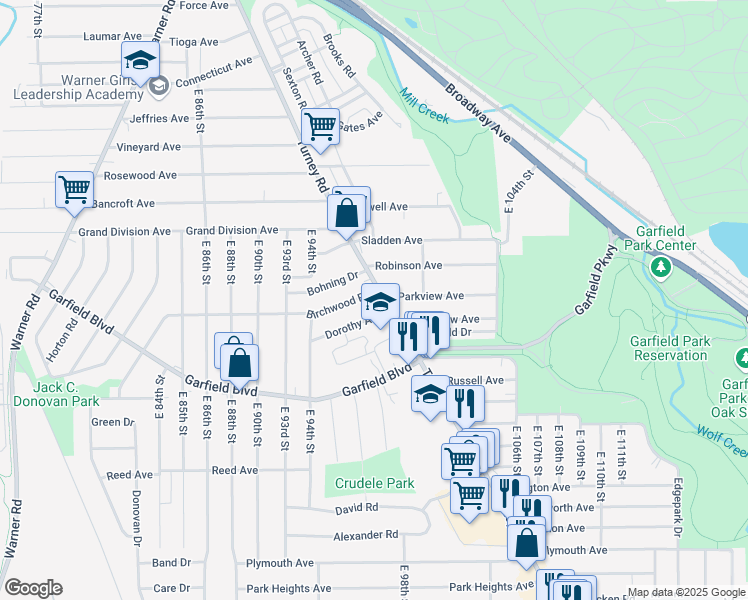 map of restaurants, bars, coffee shops, grocery stores, and more near 9531 Dorothy Avenue in Garfield Heights