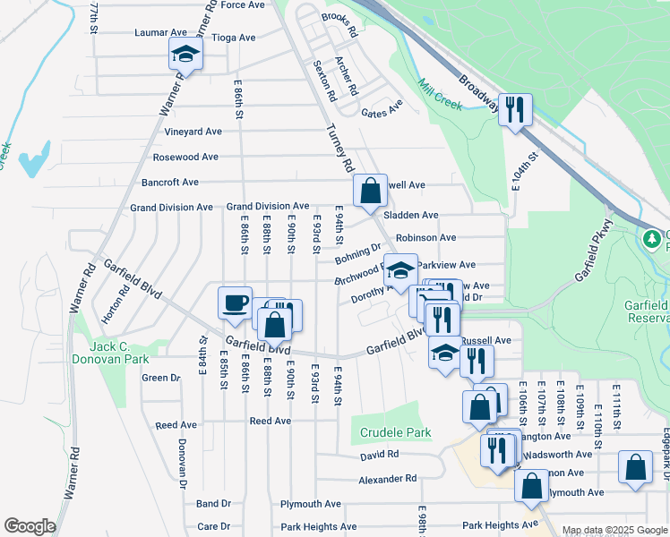 map of restaurants, bars, coffee shops, grocery stores, and more near 4705 East 93rd Street in Garfield Heights