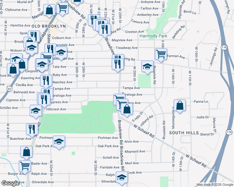 map of restaurants, bars, coffee shops, grocery stores, and more near 4570 Broadview Road in Cleveland