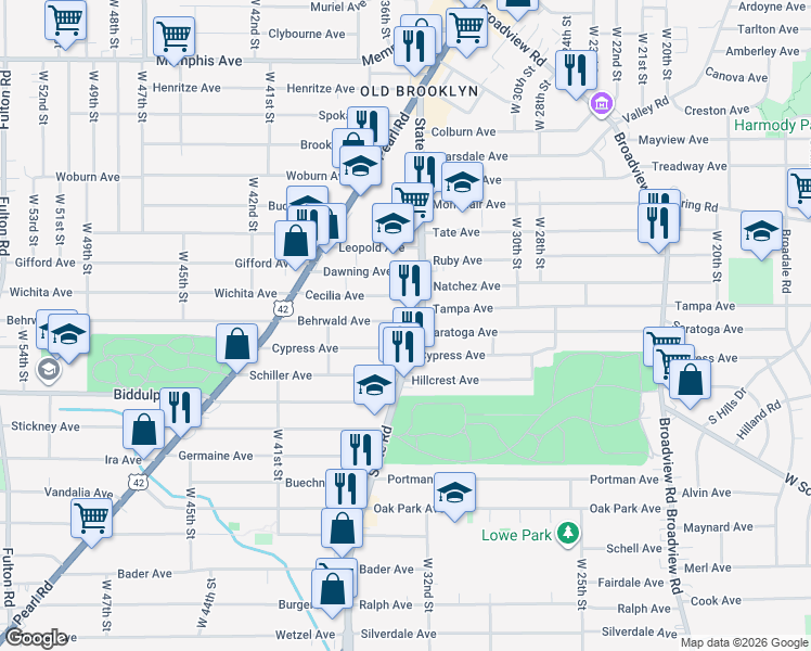 map of restaurants, bars, coffee shops, grocery stores, and more near 3520 Cypress Avenue in Cleveland