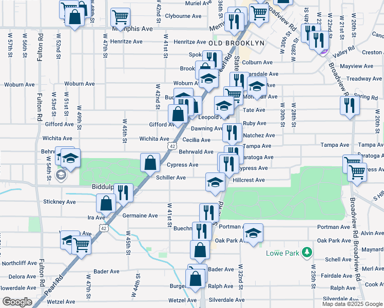 map of restaurants, bars, coffee shops, grocery stores, and more near 3912 Cypress Avenue in Cleveland