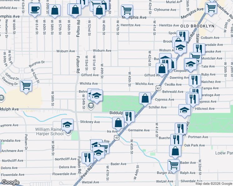 map of restaurants, bars, coffee shops, grocery stores, and more near 4707 Behrwald Avenue in Cleveland