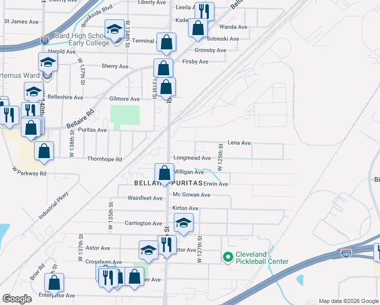 map of restaurants, bars, coffee shops, grocery stores, and more near 12821 Longmead Avenue in Cleveland