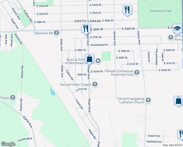map of restaurants, bars, coffee shops, grocery stores, and more near 4215 Pearl Avenue in Lorain