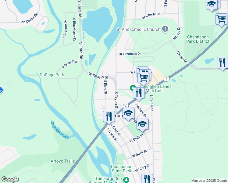 map of restaurants, bars, coffee shops, grocery stores, and more near 24806 South Tryon Street in Channahon