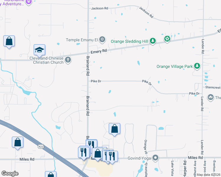 map of restaurants, bars, coffee shops, grocery stores, and more near 28550 Pike Dr in Chagrin Falls