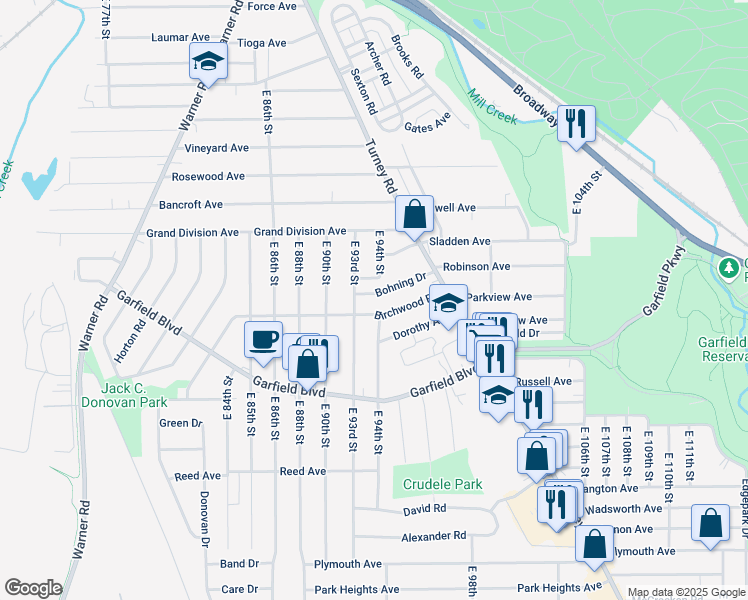 map of restaurants, bars, coffee shops, grocery stores, and more near 4705 East 93rd Street in Garfield Heights