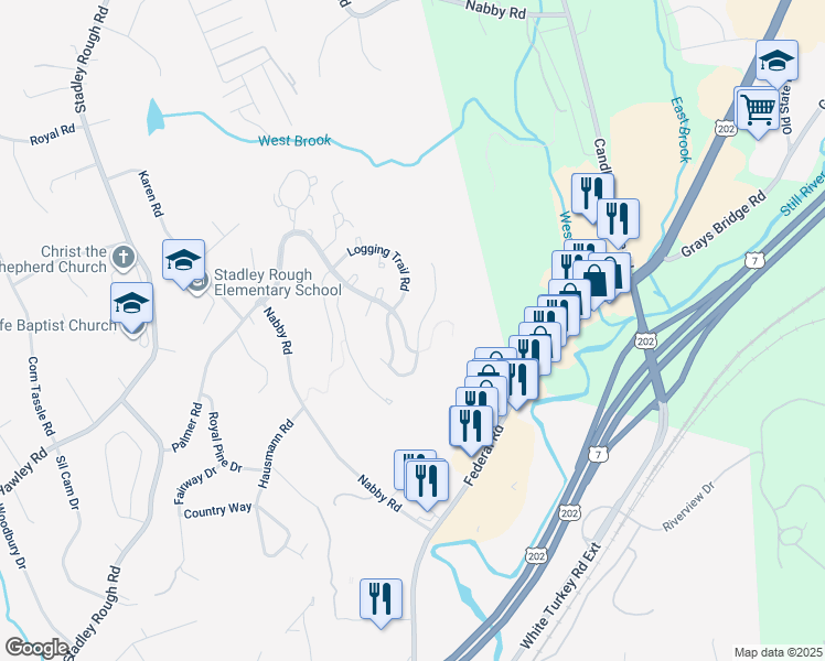 map of restaurants, bars, coffee shops, grocery stores, and more near 1203 Cypress Drive in Danbury