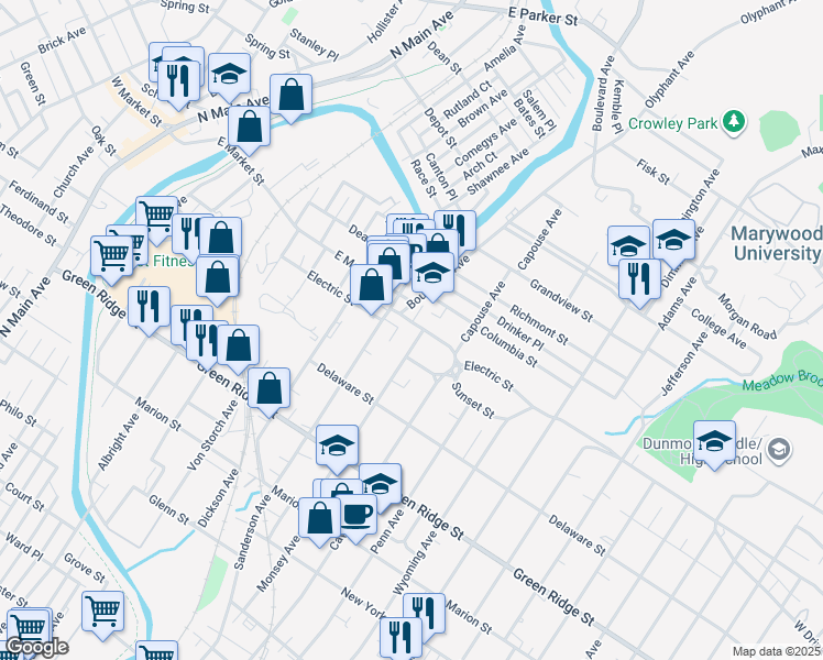 map of restaurants, bars, coffee shops, grocery stores, and more near 1757 Monsey Ave in Scranton