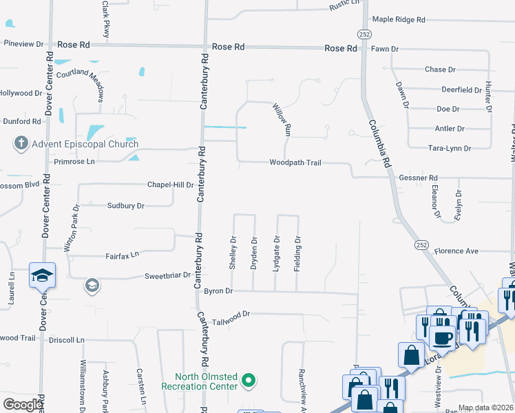 map of restaurants, bars, coffee shops, grocery stores, and more near 3950 Lydgate Drive in North Olmsted