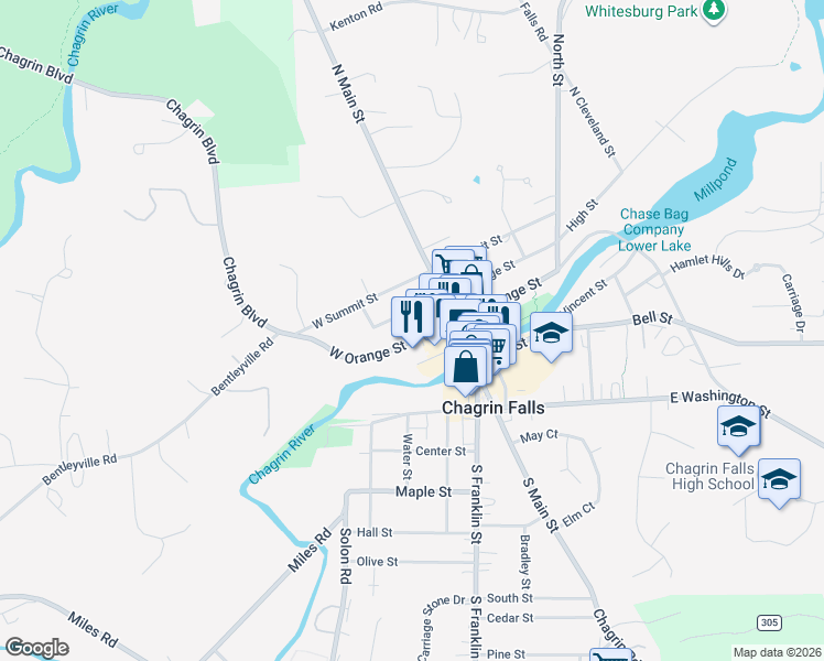 map of restaurants, bars, coffee shops, grocery stores, and more near 56 River Street in Chagrin Falls