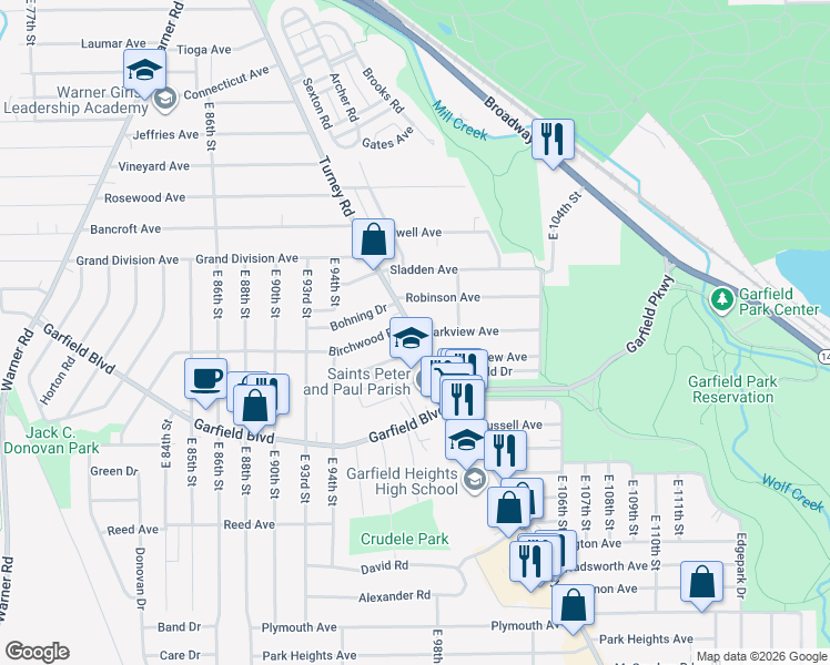 map of restaurants, bars, coffee shops, grocery stores, and more near Turney Rd & Parkview Ave in Garfield Heights