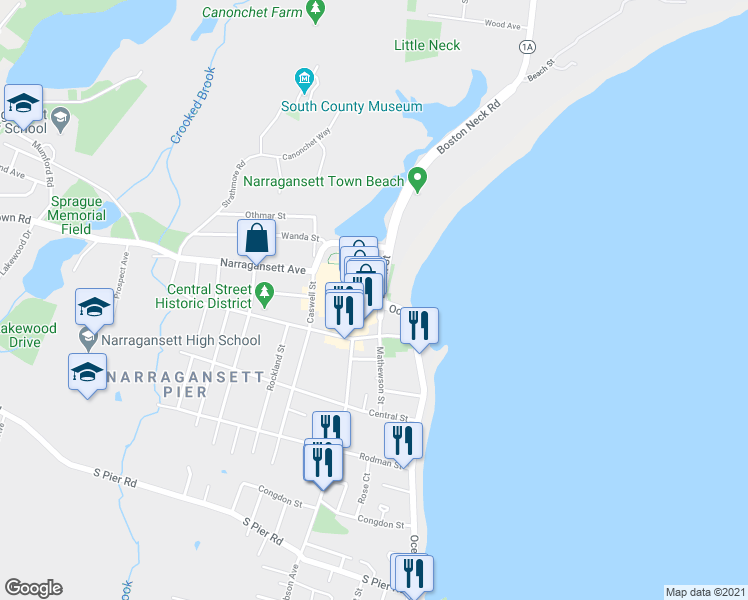 map of restaurants, bars, coffee shops, grocery stores, and more near 15 Memorial Square in Narragansett