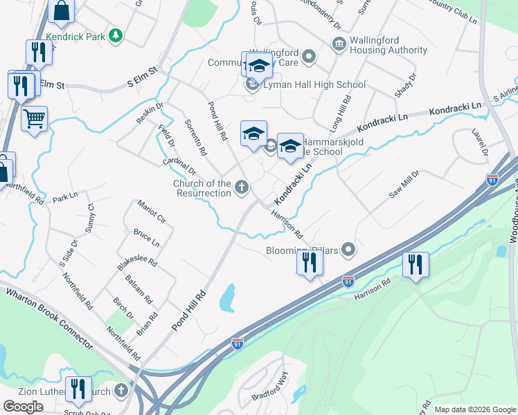 map of restaurants, bars, coffee shops, grocery stores, and more near 120 Pond Hill Road in Wallingford