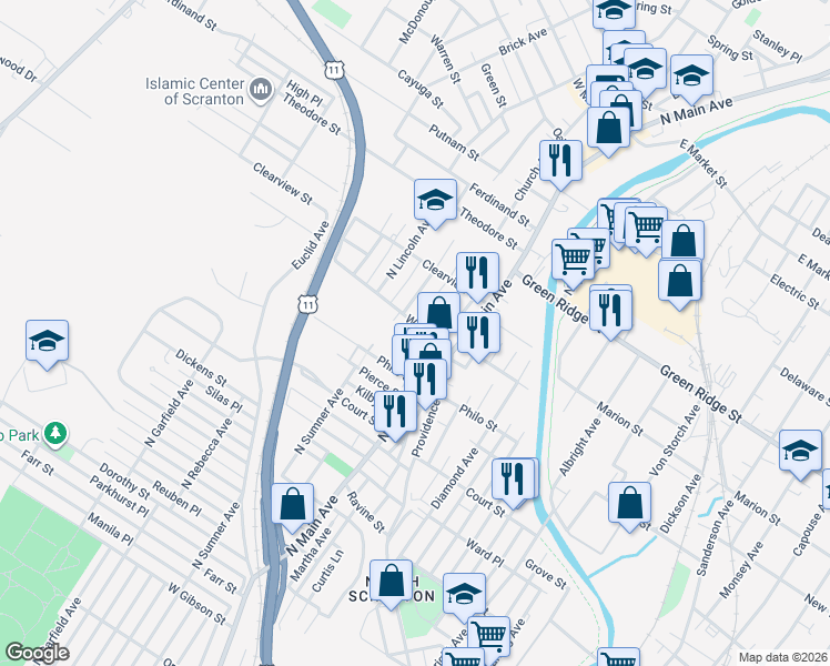 map of restaurants, bars, coffee shops, grocery stores, and more near 1130 Philo Street in Scranton