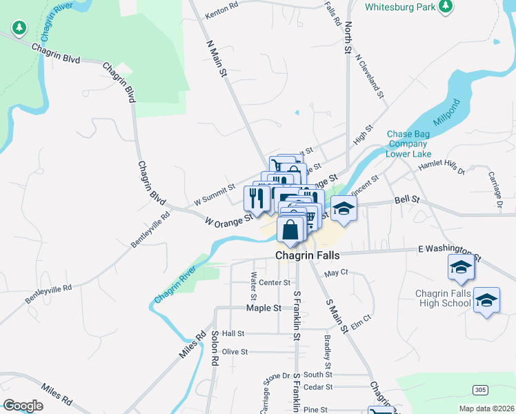 map of restaurants, bars, coffee shops, grocery stores, and more near 56 River Street in Chagrin Falls