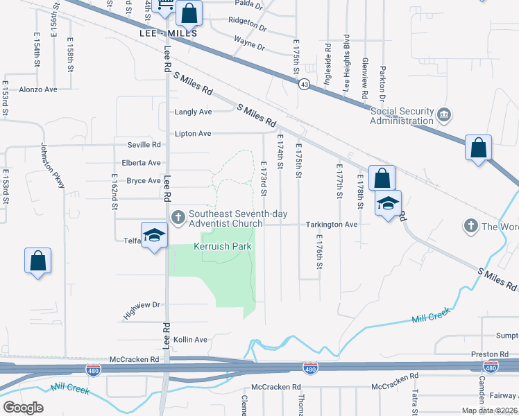 map of restaurants, bars, coffee shops, grocery stores, and more near 17217 Tarkington Avenue in Cleveland