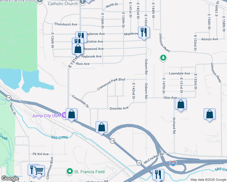 map of restaurants, bars, coffee shops, grocery stores, and more near 4724 Hillside Avenue in Garfield Heights