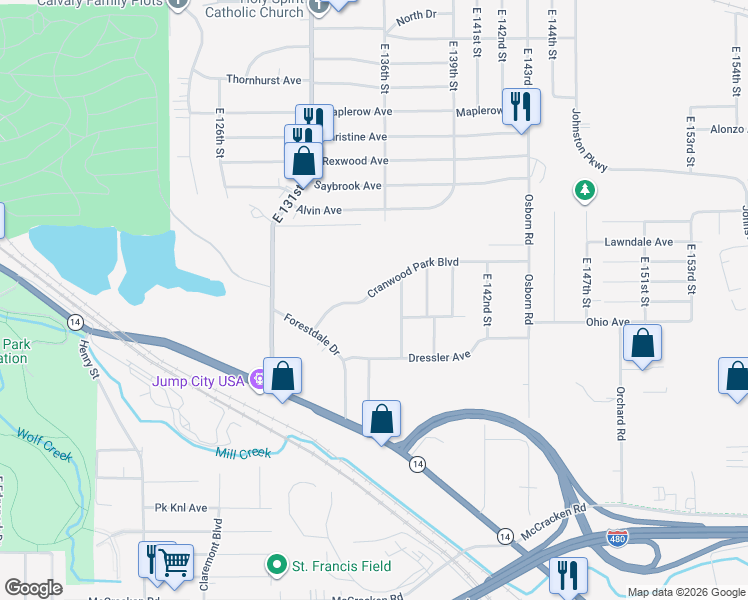 map of restaurants, bars, coffee shops, grocery stores, and more near 4724 Lawrence Avenue in Garfield Heights