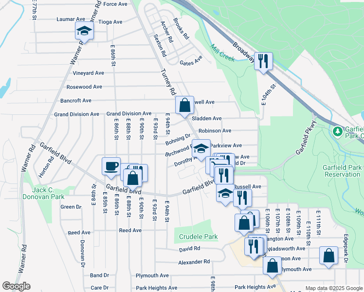 map of restaurants, bars, coffee shops, grocery stores, and more near 9418 Birchwood Road in Garfield Heights