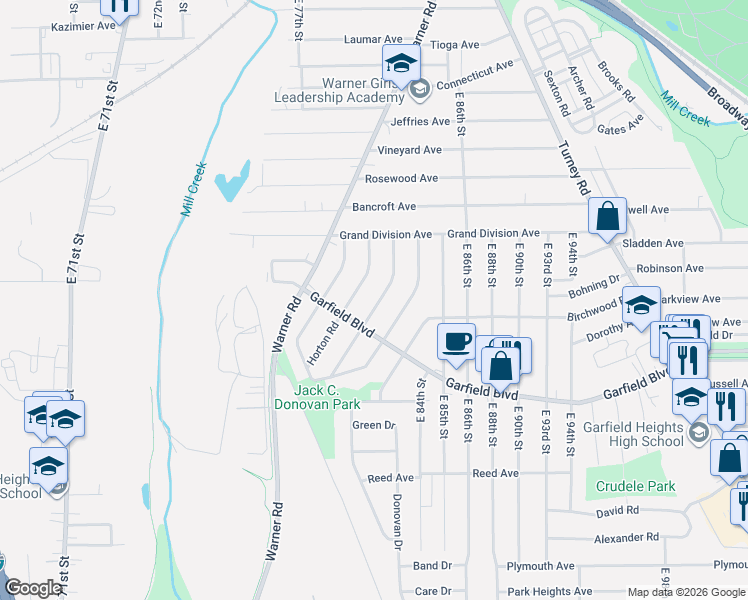 map of restaurants, bars, coffee shops, grocery stores, and more near 4699 Burleigh Road in Garfield Heights