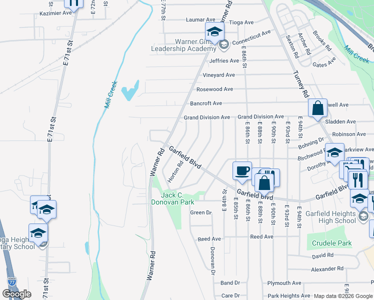 map of restaurants, bars, coffee shops, grocery stores, and more near 8032 Garfield Boulevard in Garfield Heights