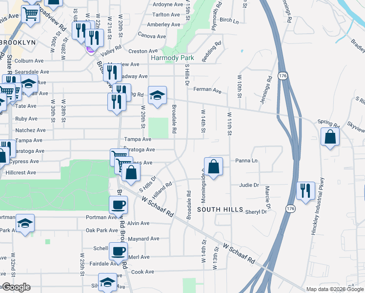 map of restaurants, bars, coffee shops, grocery stores, and more near 4571 South Hills Drive in Cleveland