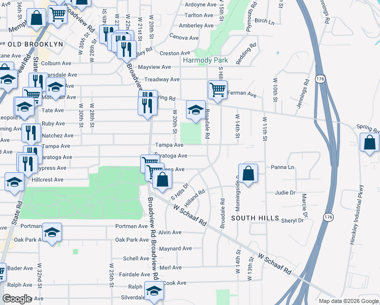 map of restaurants, bars, coffee shops, grocery stores, and more near 1806 Cypress Avenue in Cleveland