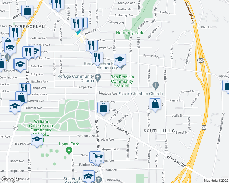 map of restaurants, bars, coffee shops, grocery stores, and more near 1751 Saratoga Avenue in Cleveland