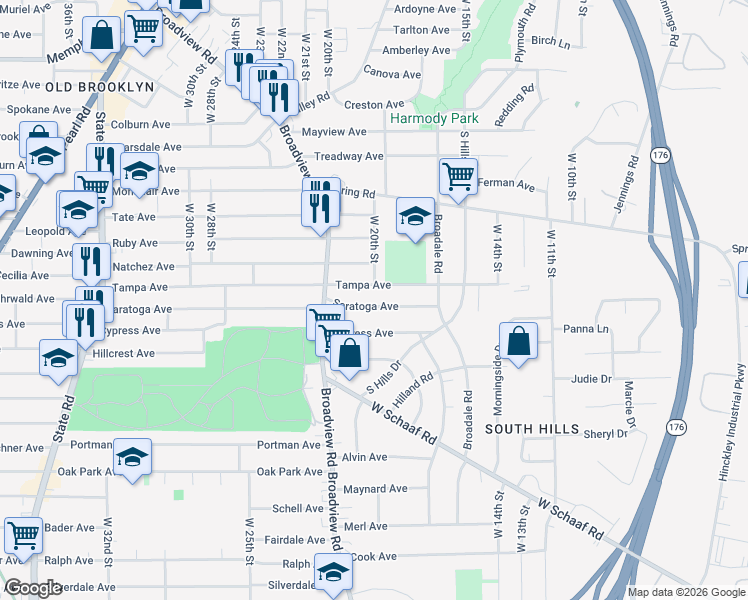 map of restaurants, bars, coffee shops, grocery stores, and more near 1806 Cypress Avenue in Cleveland