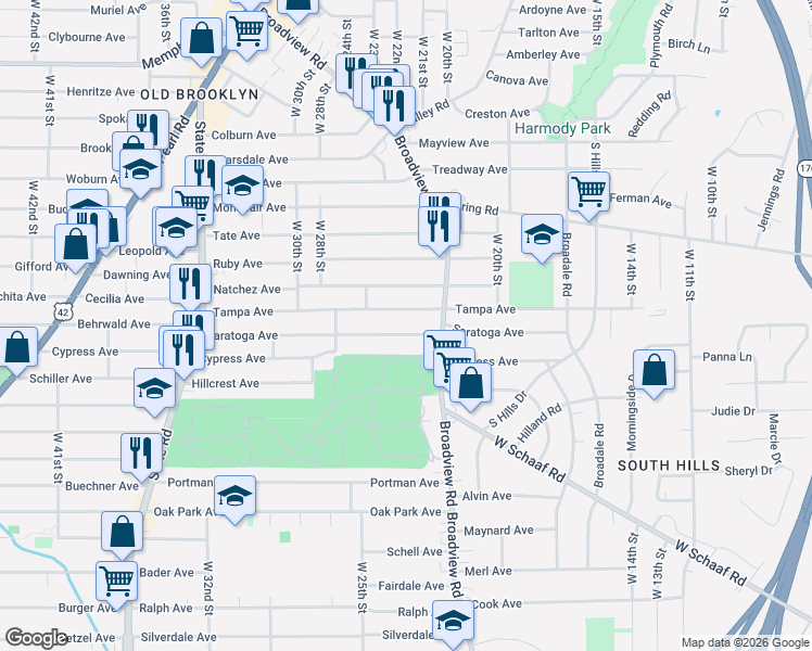 map of restaurants, bars, coffee shops, grocery stores, and more near 2309 Saratoga Avenue in Cleveland