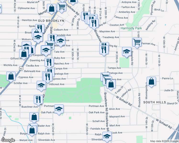 map of restaurants, bars, coffee shops, grocery stores, and more near 2605 Saratoga Avenue in Cleveland