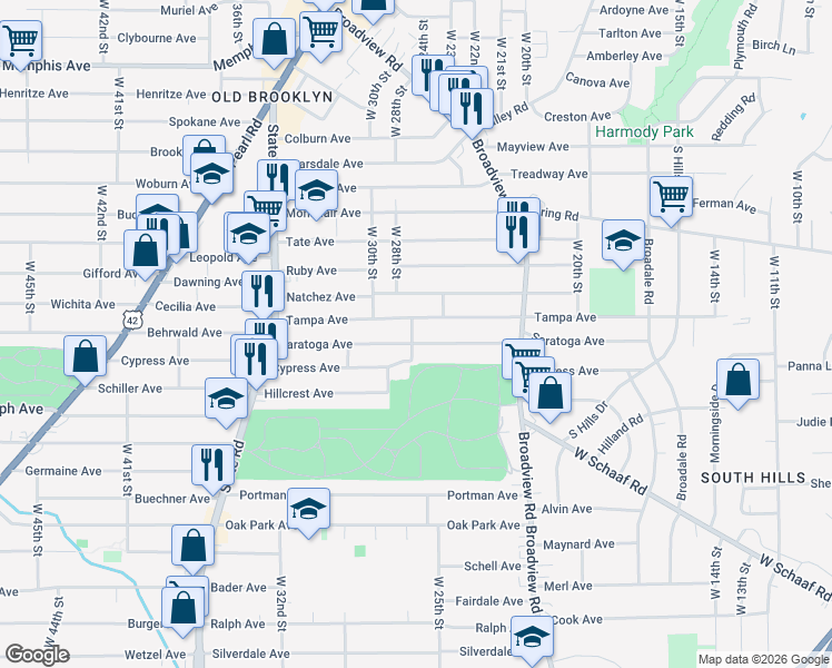 map of restaurants, bars, coffee shops, grocery stores, and more near 2810 Cypress Avenue in Cleveland