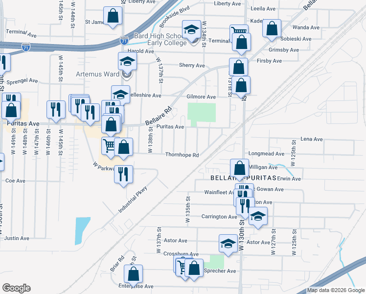 map of restaurants, bars, coffee shops, grocery stores, and more near 13521 Thornhope Road in Cleveland