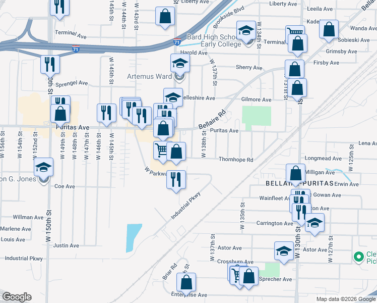 map of restaurants, bars, coffee shops, grocery stores, and more near 13817 Thornhope Road in Cleveland