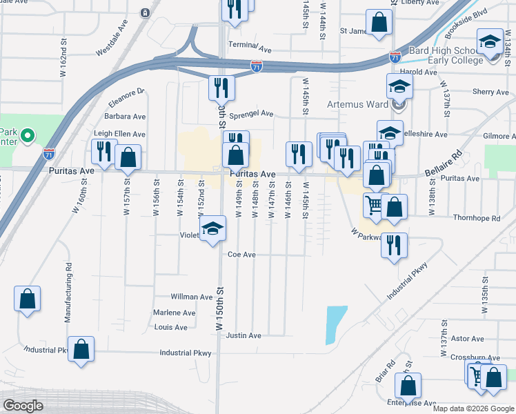 map of restaurants, bars, coffee shops, grocery stores, and more near 4520 West 148th Street in Cleveland