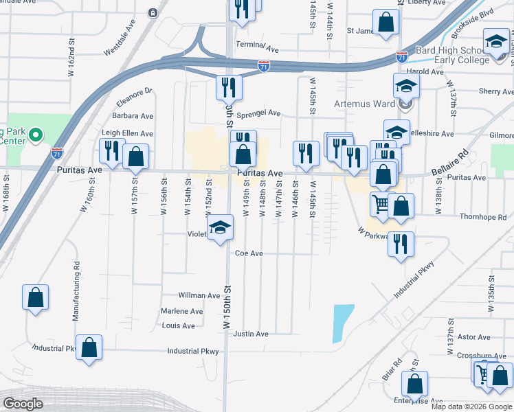 map of restaurants, bars, coffee shops, grocery stores, and more near 4520 West 148th Street in Cleveland