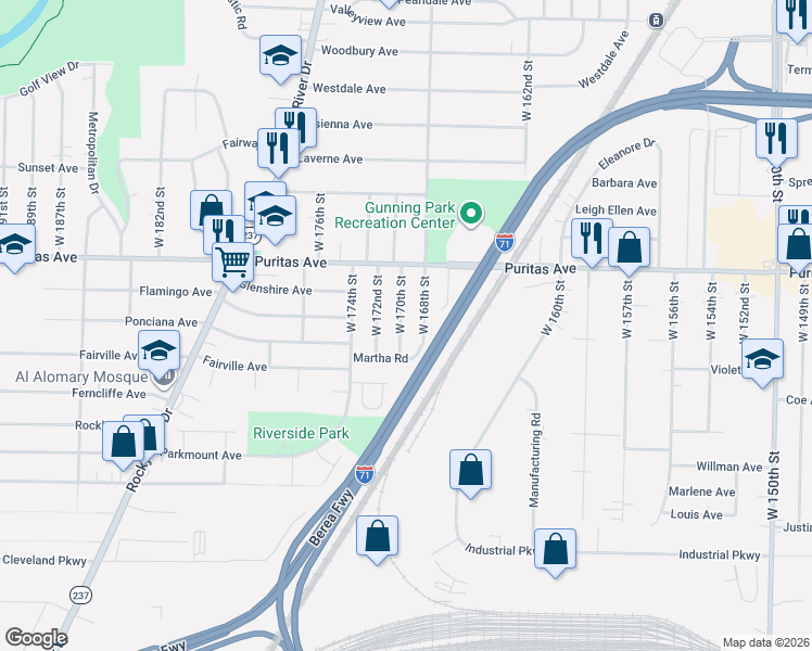 map of restaurants, bars, coffee shops, grocery stores, and more near 4533 West 170th Street in Cleveland