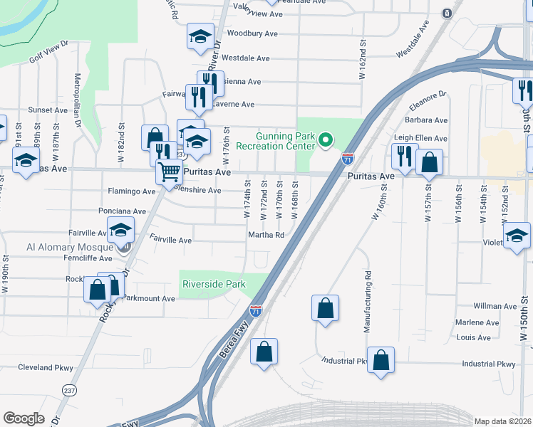 map of restaurants, bars, coffee shops, grocery stores, and more near 4532 West 172nd Street in Cleveland