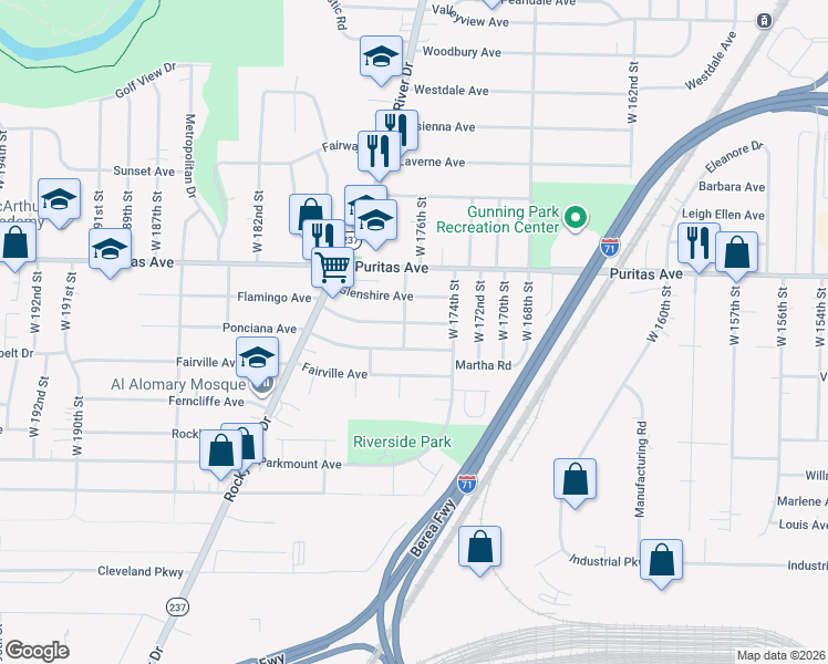 map of restaurants, bars, coffee shops, grocery stores, and more near 17505 Ponciana Avenue in Cleveland