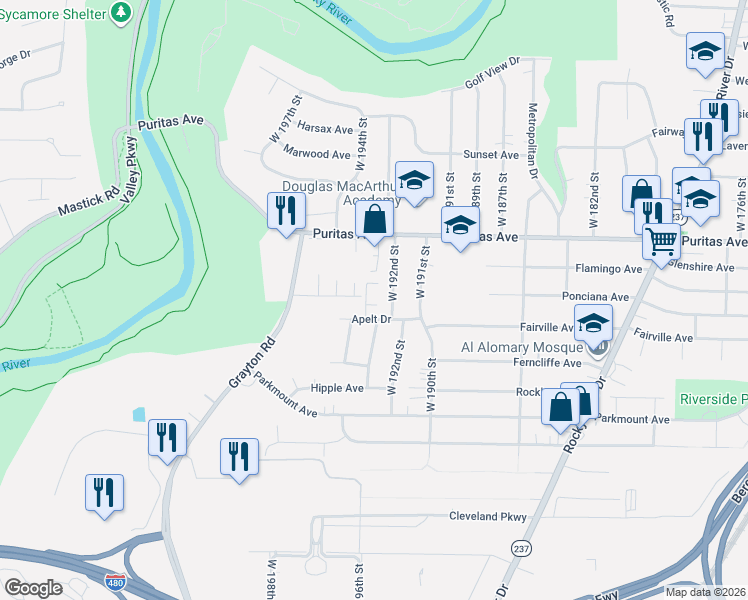 map of restaurants, bars, coffee shops, grocery stores, and more near 19317 Apelt Avenue in Cleveland