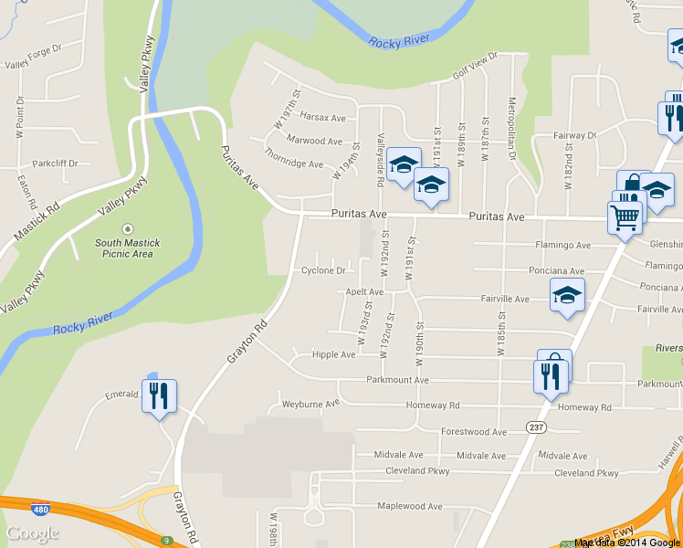 map of restaurants, bars, coffee shops, grocery stores, and more near 19411 Apelt Drive in Cleveland