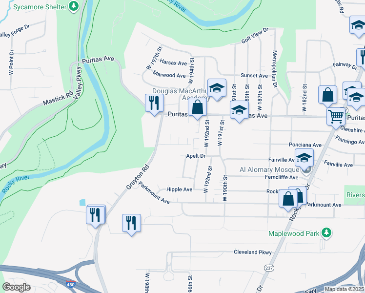 map of restaurants, bars, coffee shops, grocery stores, and more near 19411 Apelt Drive in Cleveland