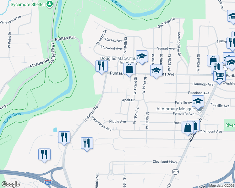map of restaurants, bars, coffee shops, grocery stores, and more near 19411 Apelt Drive in Cleveland