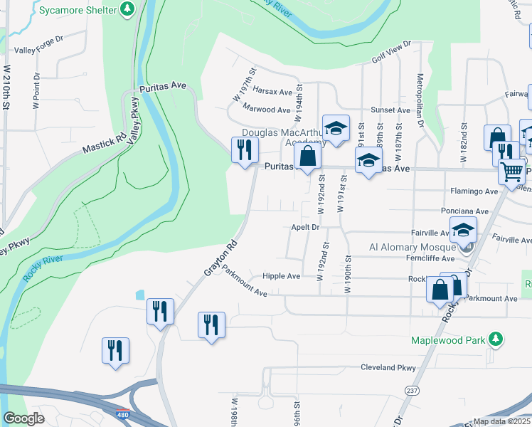 map of restaurants, bars, coffee shops, grocery stores, and more near 19411 Apelt Drive in Cleveland