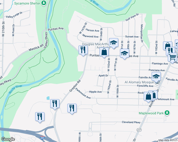 map of restaurants, bars, coffee shops, grocery stores, and more near 4549 Grayton Road in Cleveland